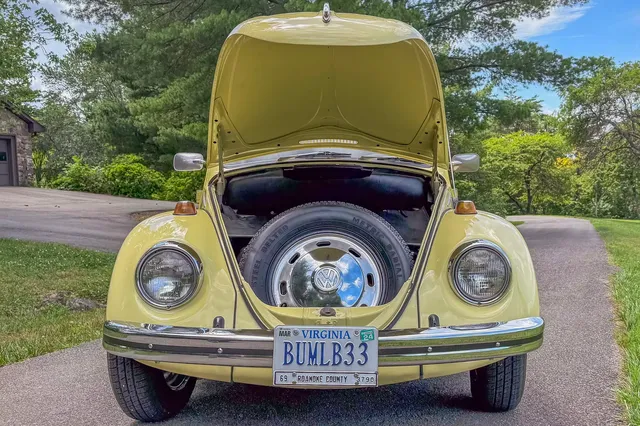 1969 Volkswagen Beetle — front compartment with hood raised