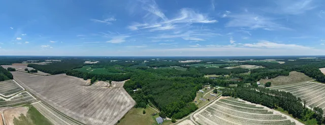 Wide view of fields and woodland